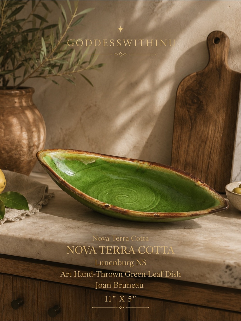 NOVA TERRA COTTA | Lunenburg NS | Art Hand-Thrown Green Leaf Dish | Joan Bruneau